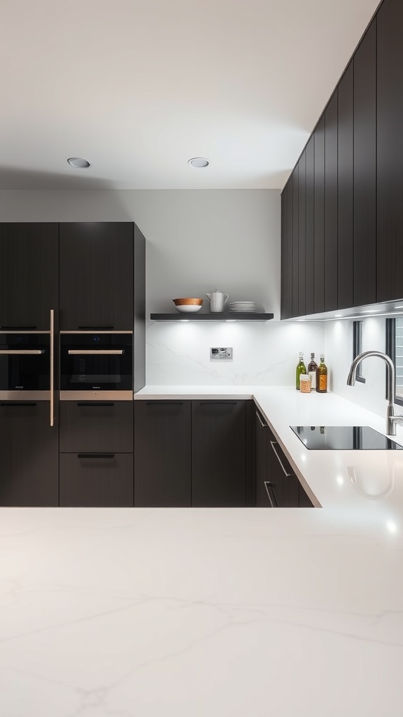 A modern kitchen featuring sleek black cabinets and a stunning white solid surface countertop.