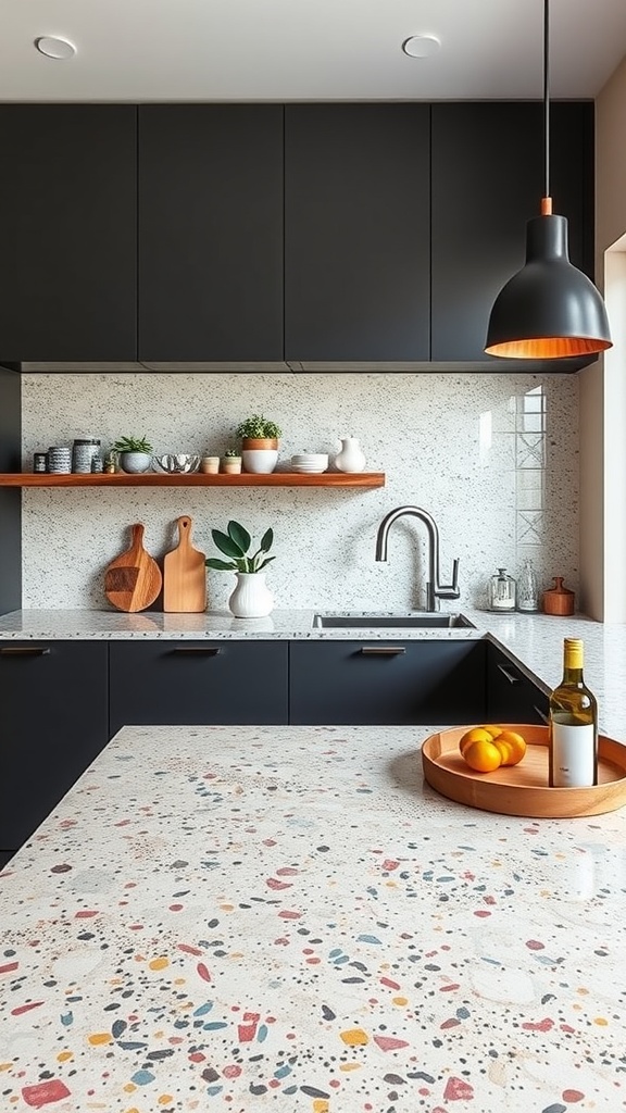A modern kitchen featuring a bold terrazzo countertop with colorful patterns.