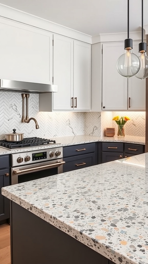 A stylish kitchen featuring a terrazzo countertop with bold patterns.