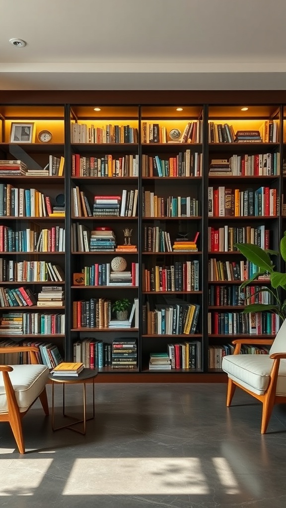 A modern bookshelf with various books displayed, featuring a cozy reading area.