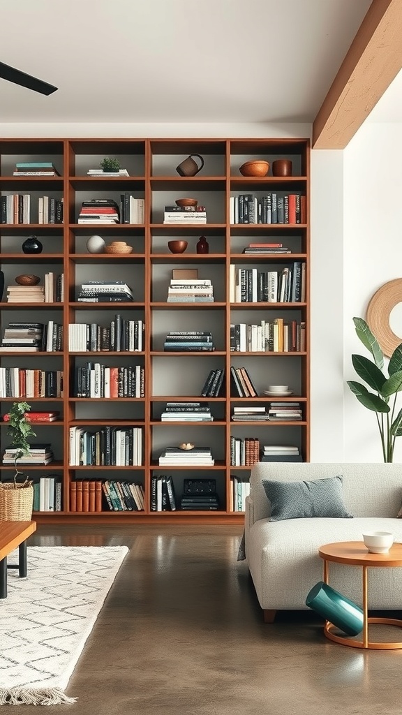 A modern bookshelf used as a room divider, displaying various books and decorative items.