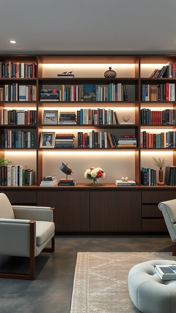 A modern bookshelf with integrated lighting showcasing various books and decorative items.