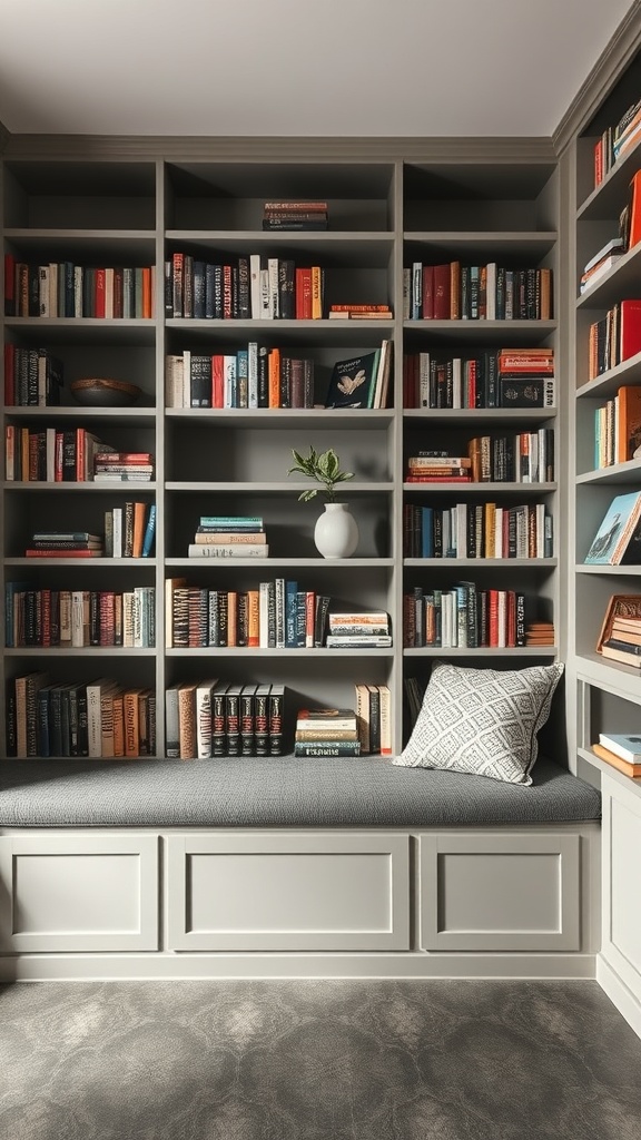 A stylish bookshelf with integrated seating, featuring neatly arranged books and a comfortable cushion.