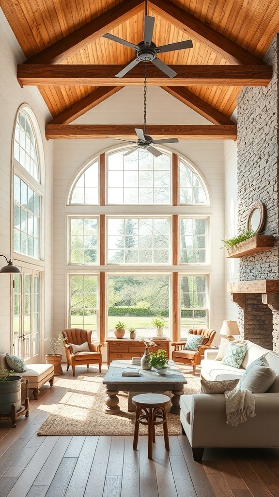 Bright and spacious farmhouse interior with large windows and wooden beams.
