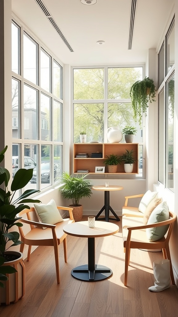 Bright and airy coffee nook with large windows, cozy seating, and plants.