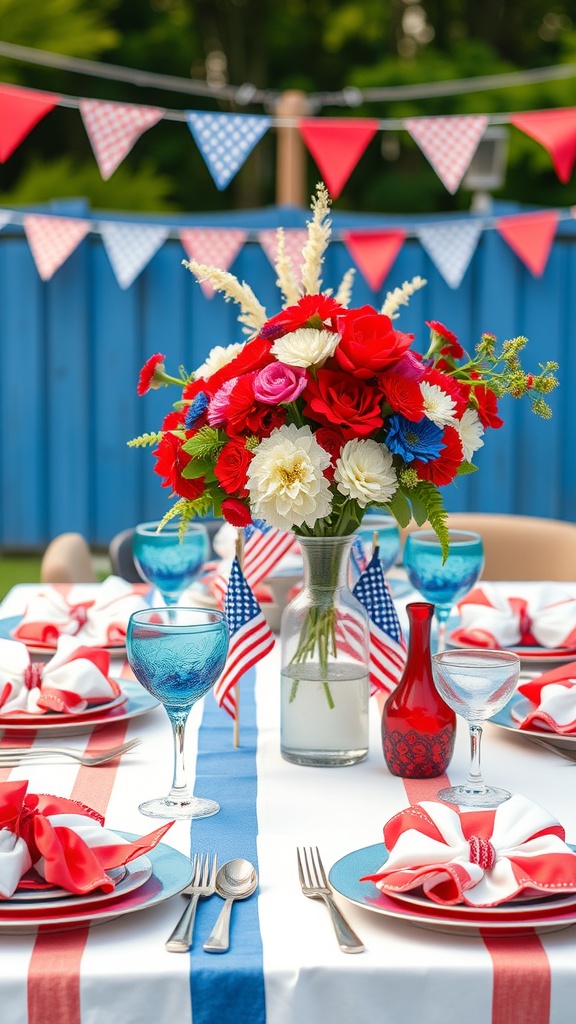 A festive Fourth of July tablescape featuring red, white, and blue decorations.