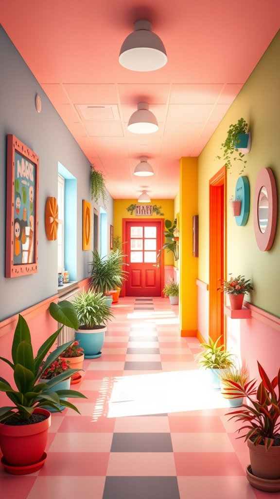 A colorful hallway with plants and bright decor.