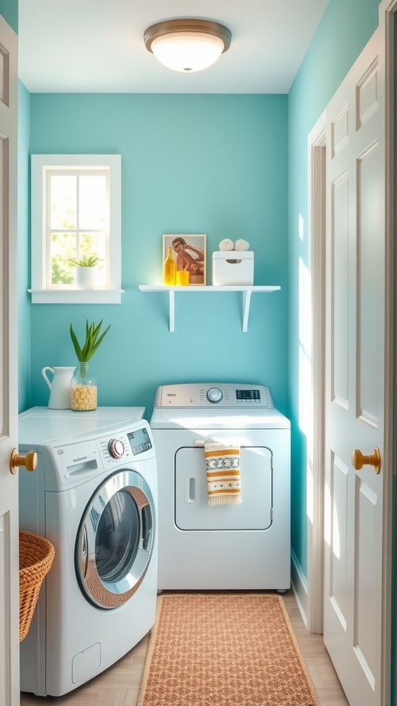 A small laundry room with turquoise walls, white appliances, and a cozy rug.