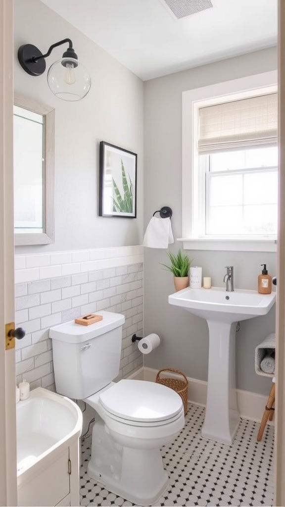 A stylish bathroom featuring a fresh paint color, modern fixtures, and decorative accessories.
