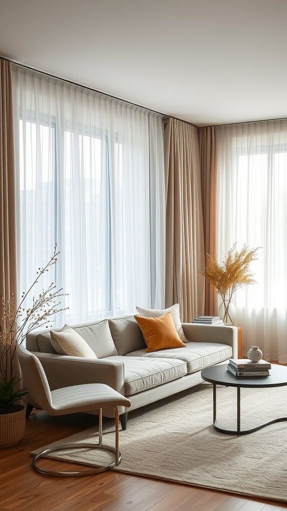 A stylish living room featuring sheer and heavy curtains, a modern sofa, and a minimalist coffee table.