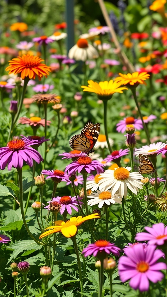 A vibrant butterfly garden filled with colorful flowers and a butterfly resting on a flower.