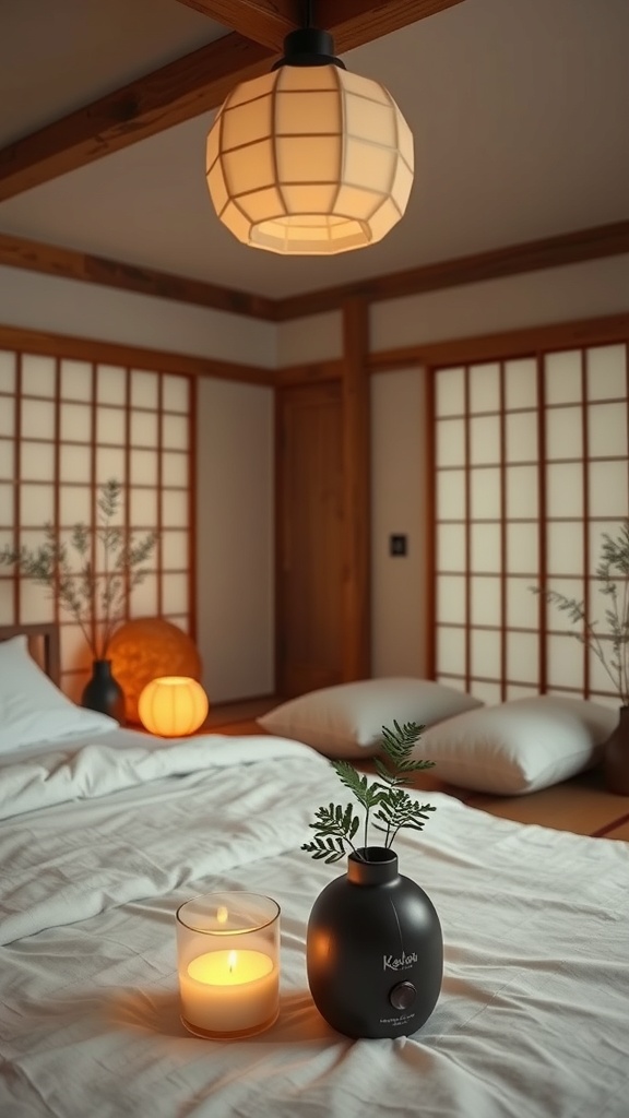 A calming Japandi bedroom with a diffuser, candle, and soft lighting.