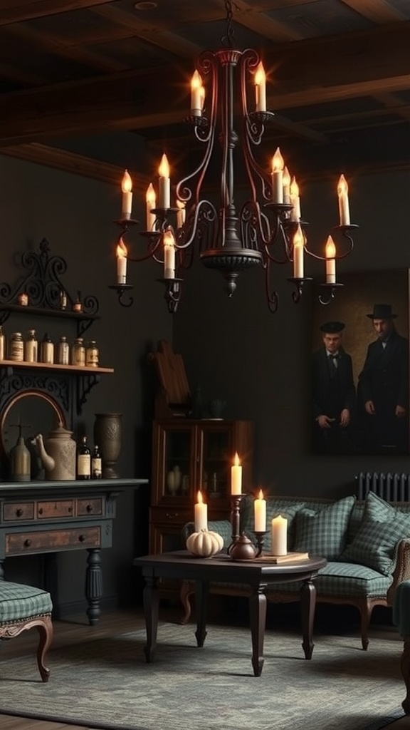A candlelit chandelier hanging in a dark, Gothic-style living room with cozy furniture.