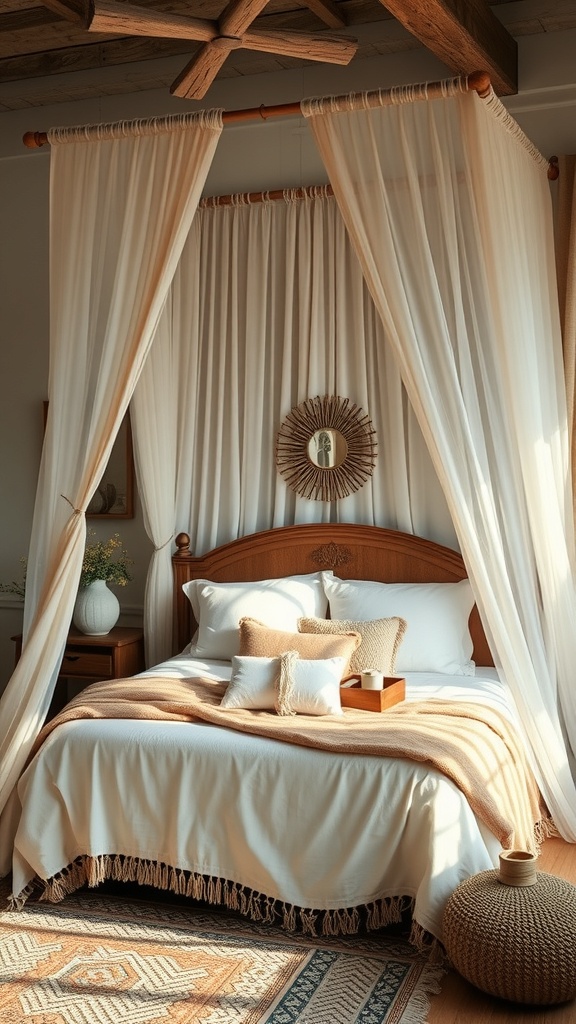 A cozy bedroom featuring a canopy bed with sheer drapes, soft bedding, and a warm color palette.