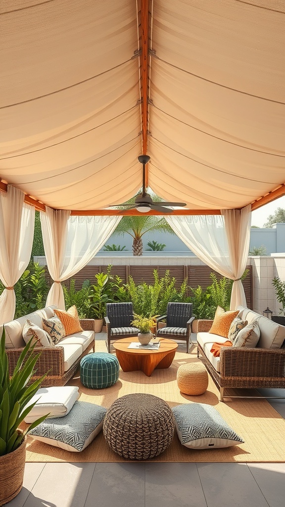 Cozy outdoor lounge with a canopy providing shade.