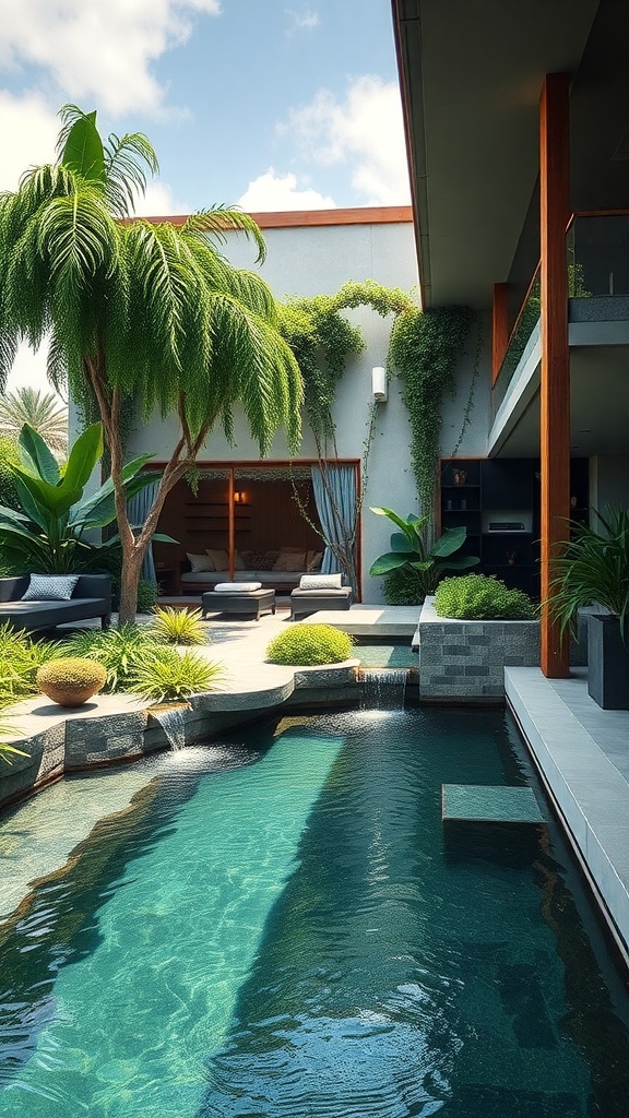 A beautiful cascading roof garden with lush greenery and a pool.