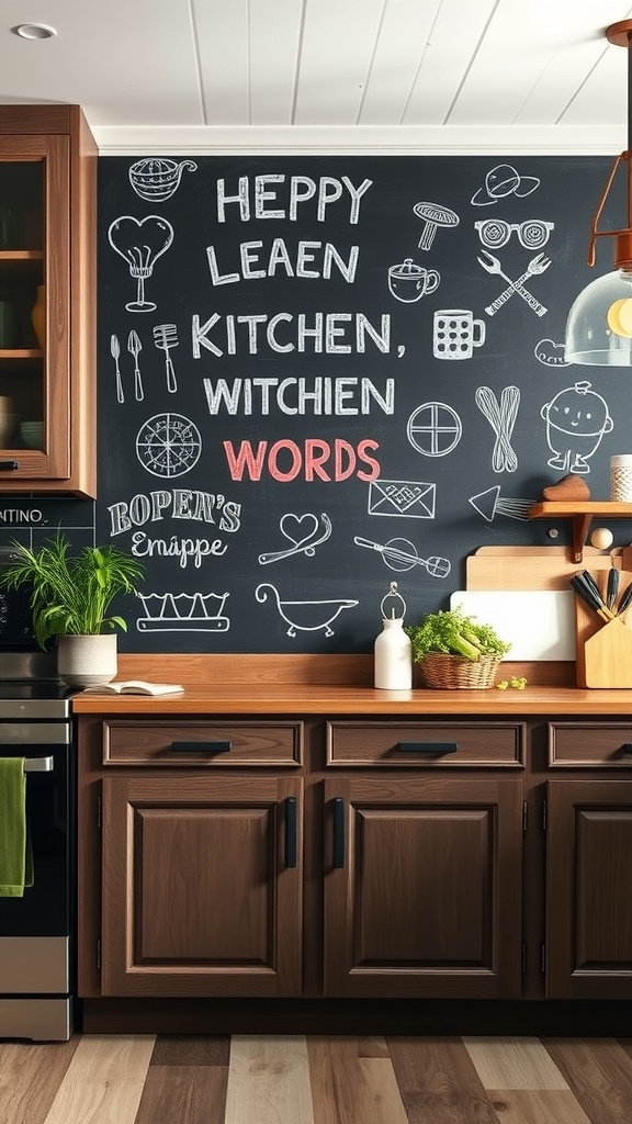 Chalkboard wall art in a kitchen with doodles and words.