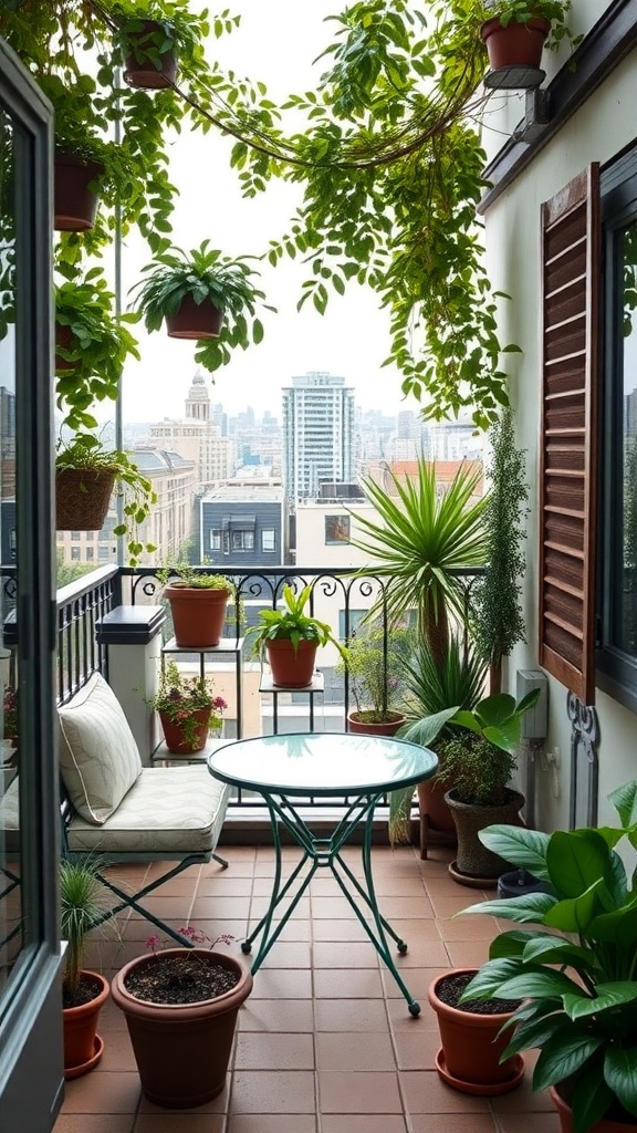 A cozy balcony garden with potted plants and a small table.