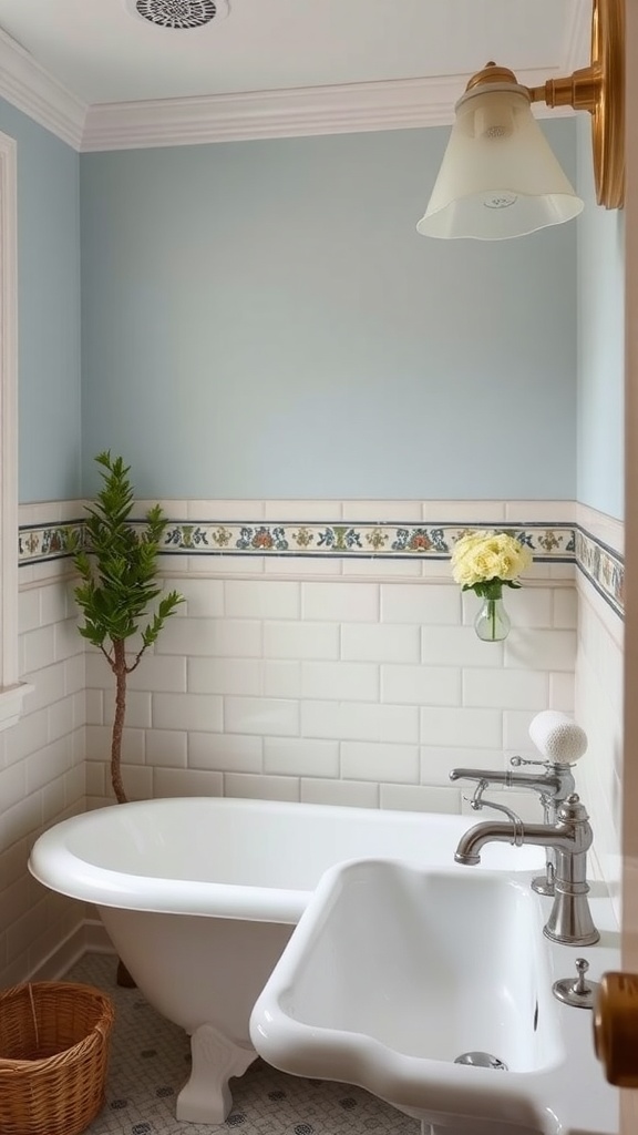 A charming bathroom featuring a clawfoot tub, light blue walls, and decorative accents.