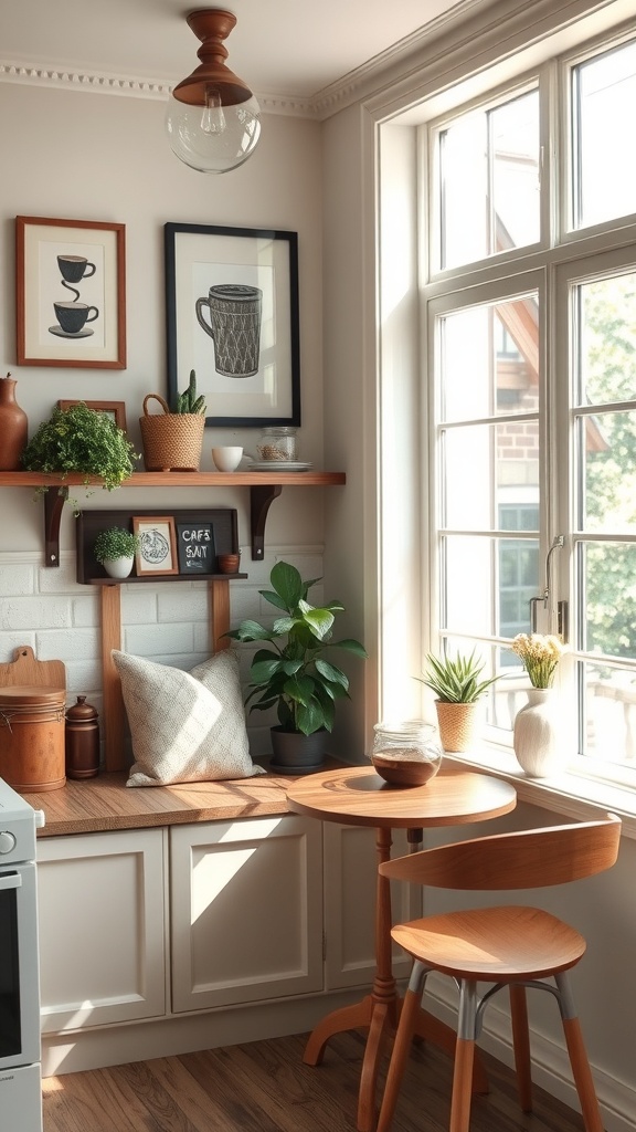 A cozy coffee nook with charming decor, featuring framed coffee art, plants, and a small wooden table.