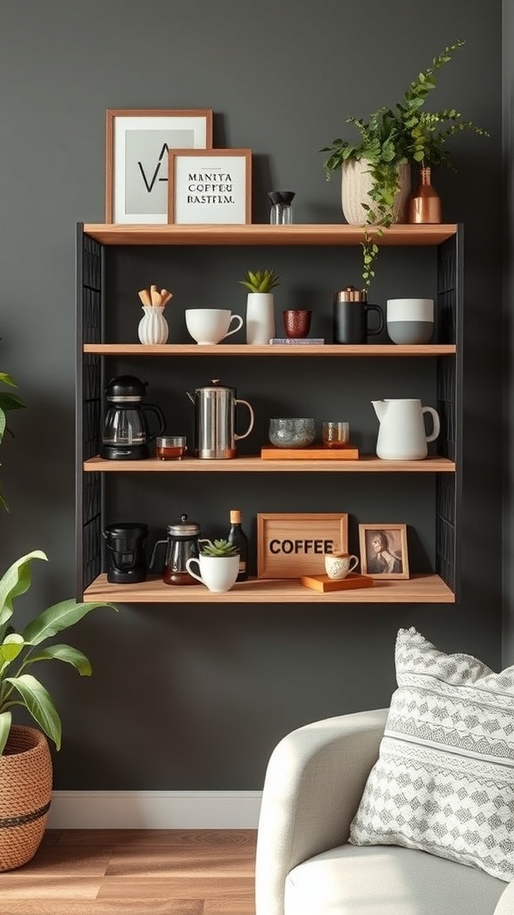 A rustic coffee shelf displaying various coffee mugs, a coffee maker, and decorative plants.