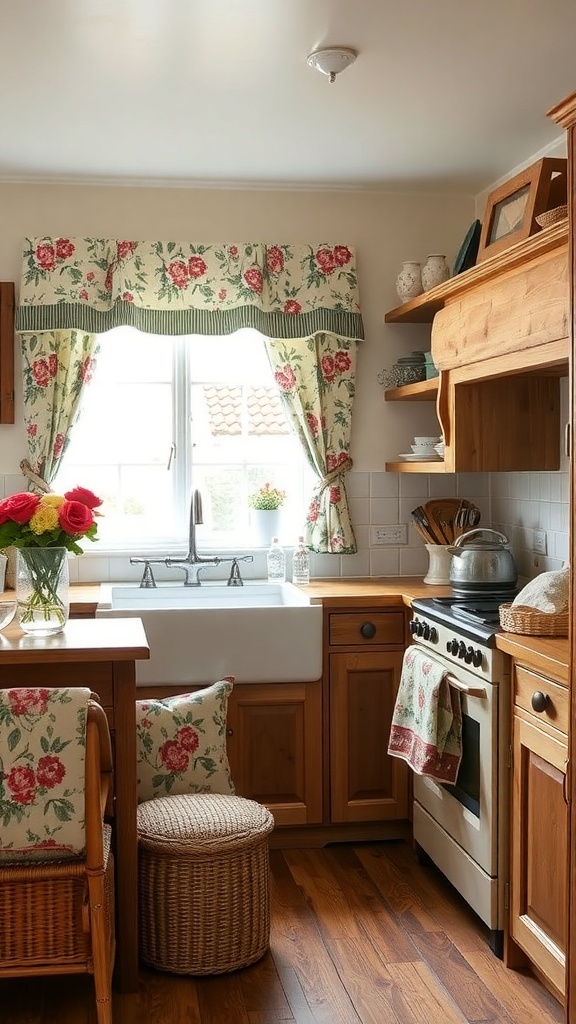 Cozy cottage style kitchen with floral prints and warm lighting.