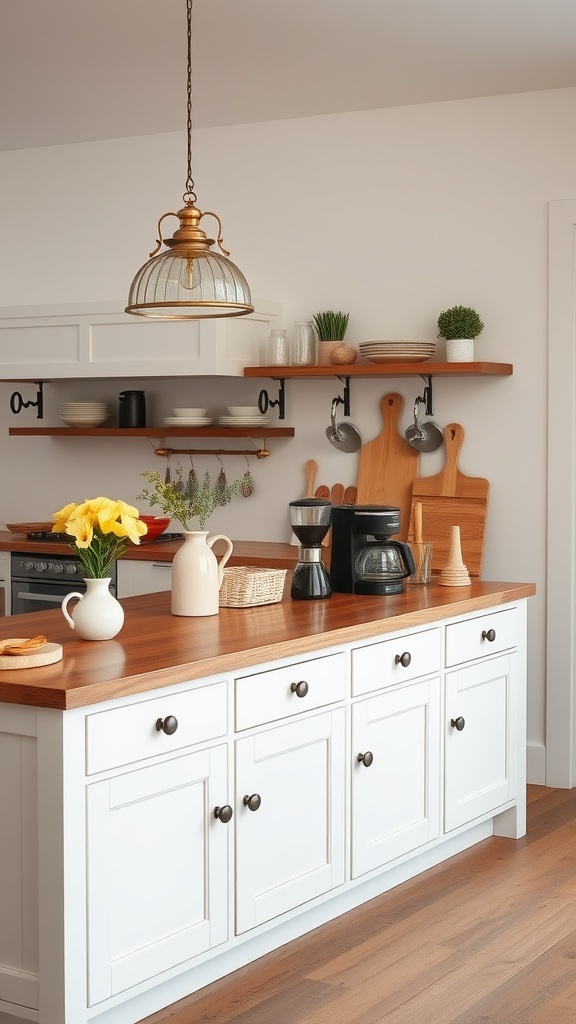 A charming farmhouse kitchen island with a wooden countertop, white cabinets, and decorative items.