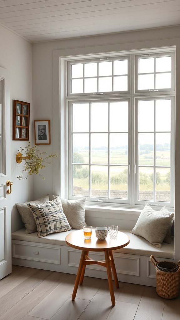 Cozy farmhouse window seat with pillows and a small table.