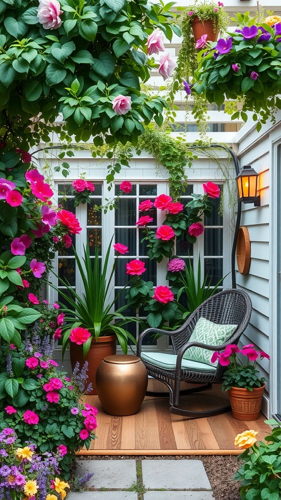 A cozy garden nook with vibrant flowers, a comfortable chair, and a warm atmosphere.