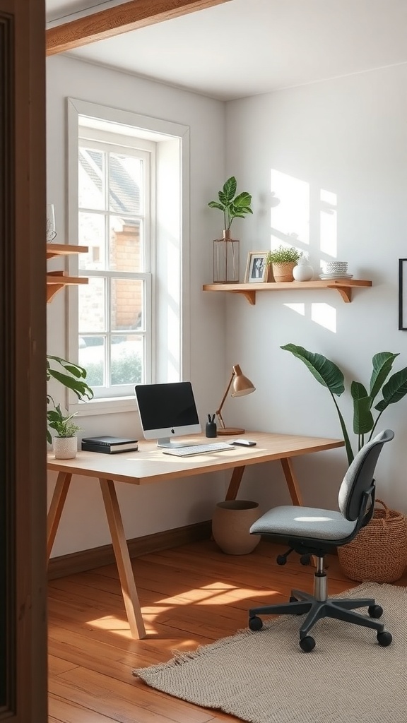A bright and minimal home office with a wooden desk, computer, and plants.