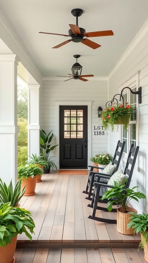Charming porch featuring rocking chairs, plants, and a welcoming entrance.