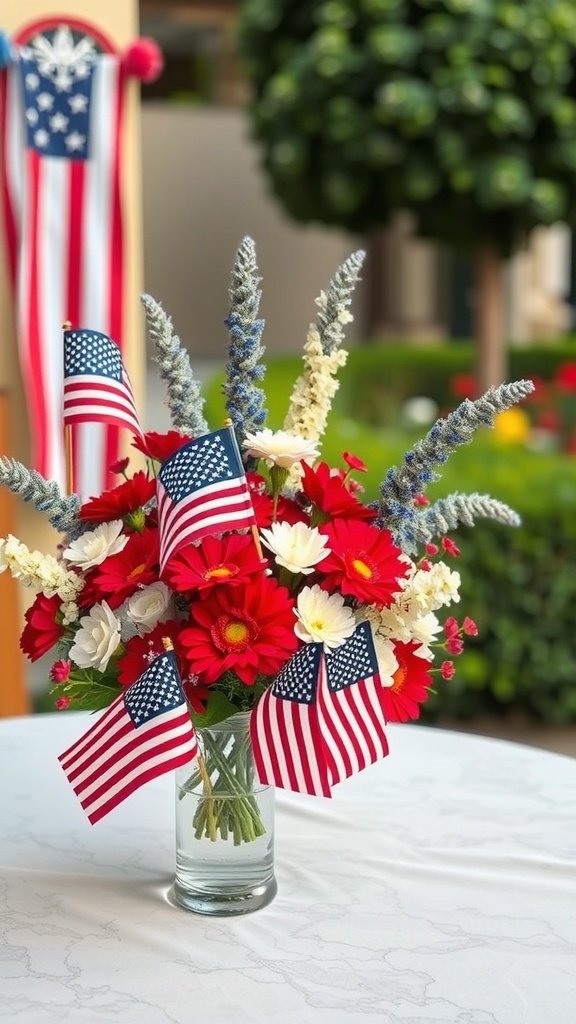 A festive centerpiece with red and white flowers and small American flags.
