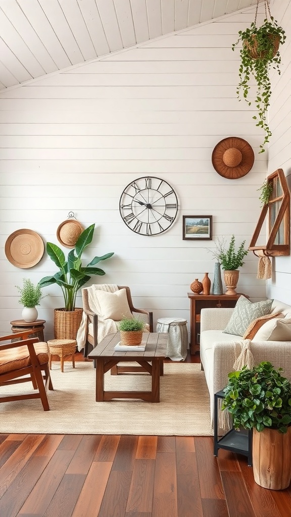 A cozy living room featuring charming shiplap walls, wooden furniture, and decorative plants.