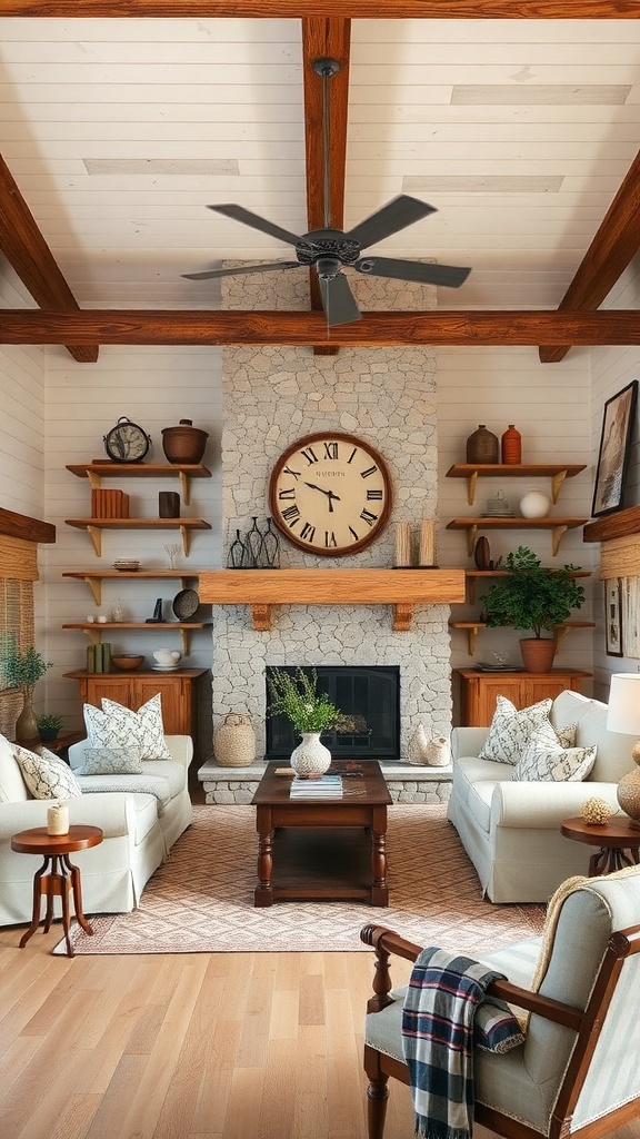 Cozy living room with shiplap walls and rustic decor.