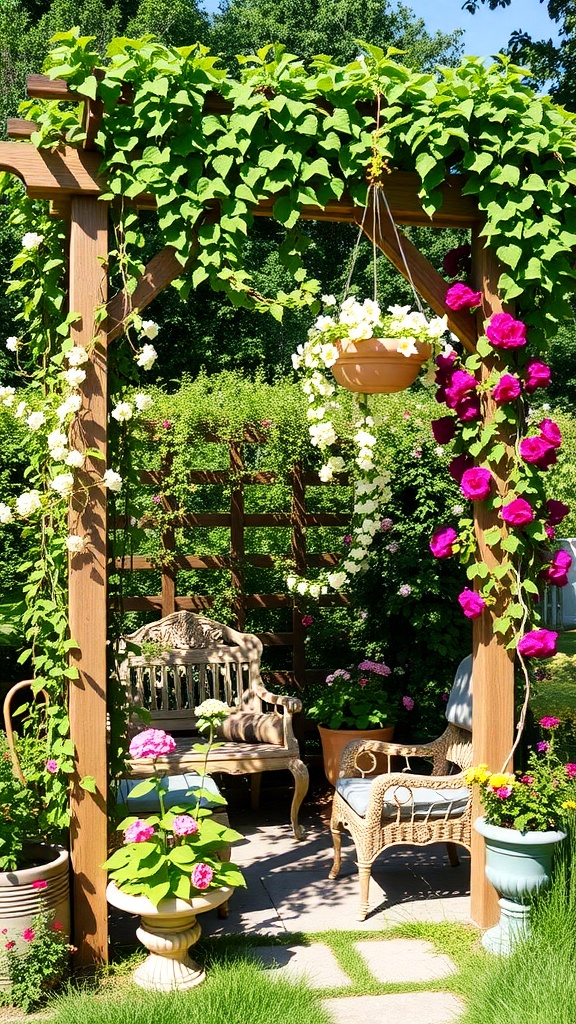 A charming garden trellis adorned with climbing plants and flowers, featuring a cozy seating area.