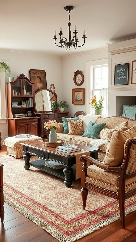 A cozy living room featuring vintage furniture and decor.