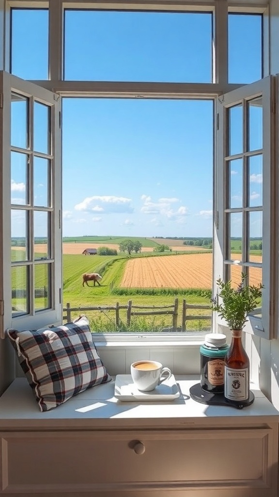 Cozy window seat with coffee and a view of fields and a horse.