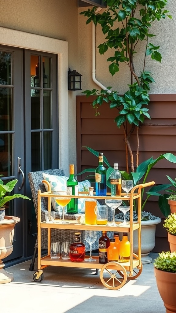 Chic bar cart with drinks and glassware on a patio surrounded by plants