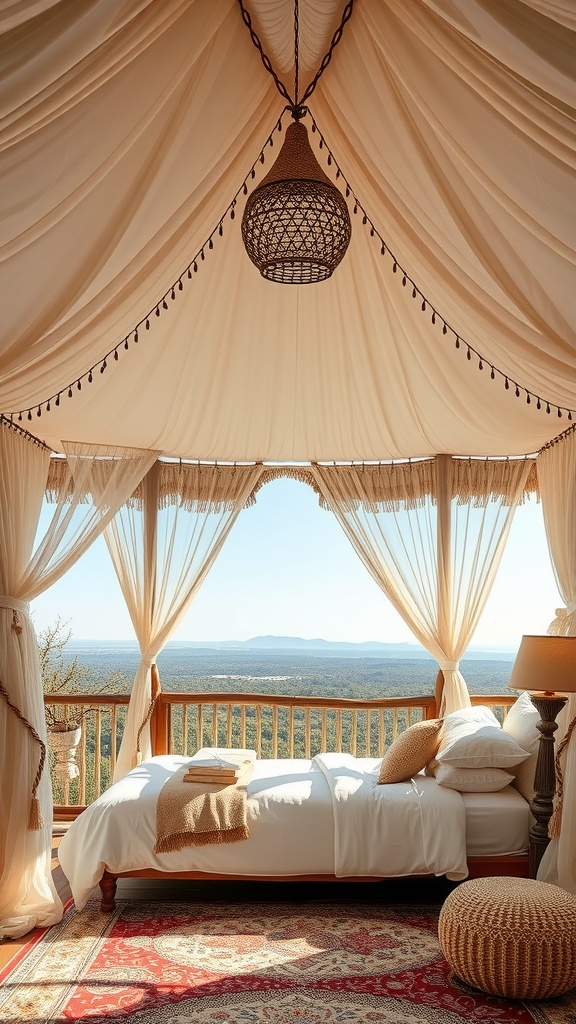 A chic canopy bedroom with soft drapes and a beautiful view of nature.