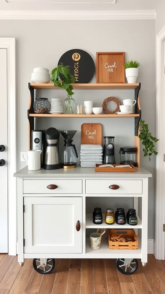 A stylish farmhouse coffee cart with coffee maker, cups, and decorative items.