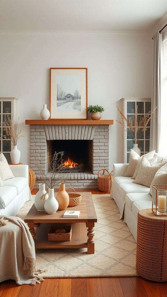 A cozy farmhouse living room with a fireplace, white sofas, and decorative accessories.