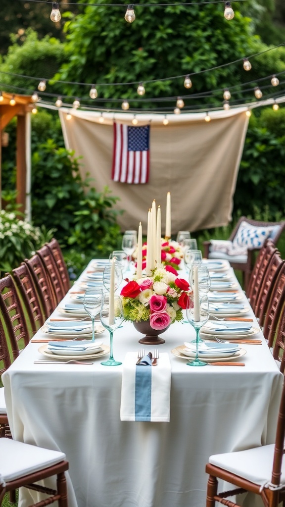 Chic outdoor dining table decorated for Fourth of July with flowers and American flag.