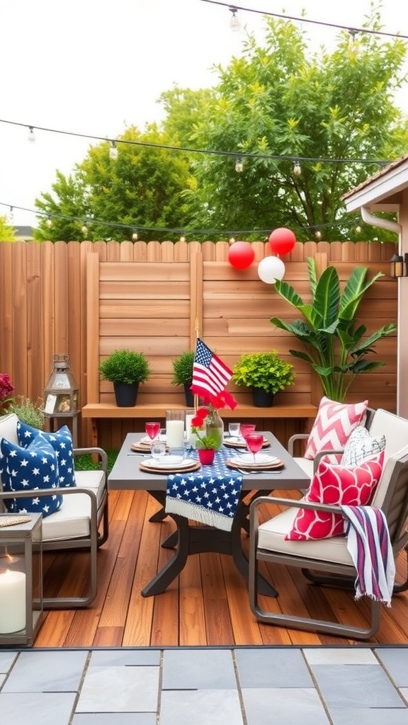Chic outdoor lounge with red, white, and blue decor for Independence Day celebration.