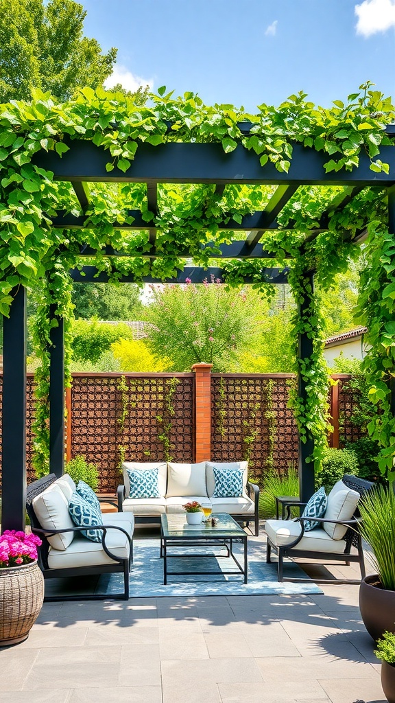 Stylish courtyard lounge with a pergola covered in greenery and comfortable seating.