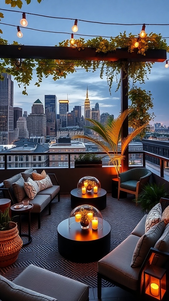 Chic rooftop lounge with cozy seating and city views.