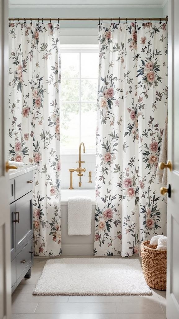 A stylish bathroom featuring a floral shower curtain, soft linens, and a cozy atmosphere.