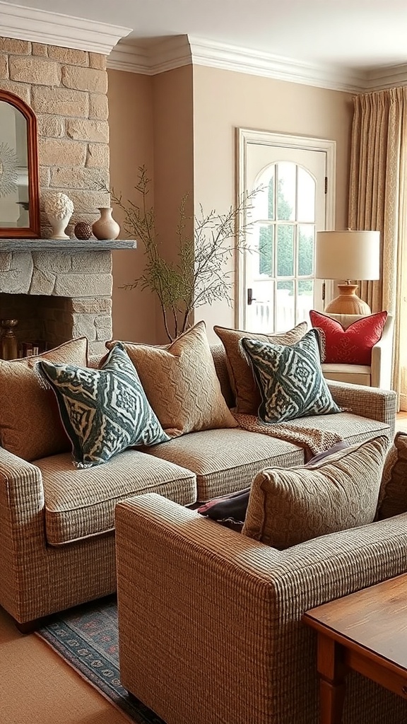 A stylish living room featuring a textured sofa with cushions and a round wooden coffee table.