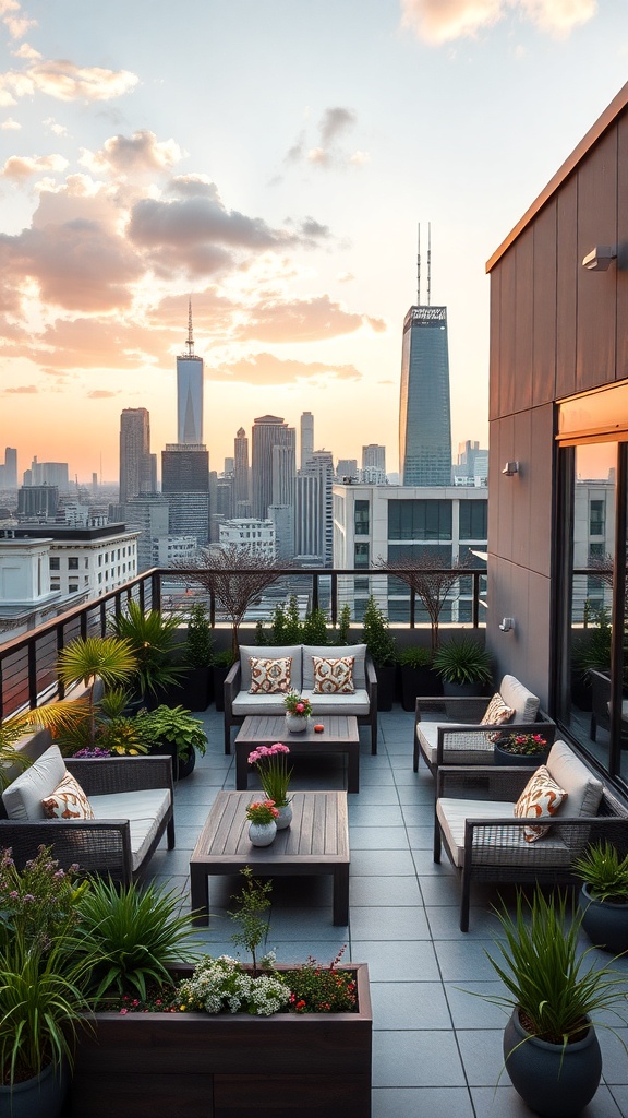 Chic urban rooftop garden with seating and plants overlooking a city skyline.