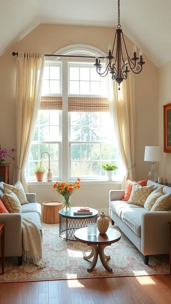 Cozy living room with soft curtains and wooden blinds