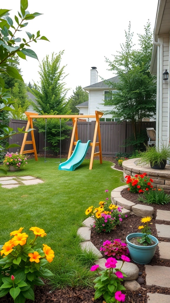 A backyard play area featuring a swing set and slide surrounded by colorful flowers.